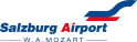 Logo des Flughafens Salzburg mit rot und blauem Schriftzug 'Salzburg Airport W. A. Mozart' und stilisiertem Flugzeugsymbol