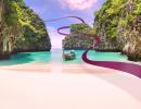 Türkisfarbenes Meer mit traditionellem Holzboot und steilen Felsen im Hintergrund, Strand mit rosa Sand