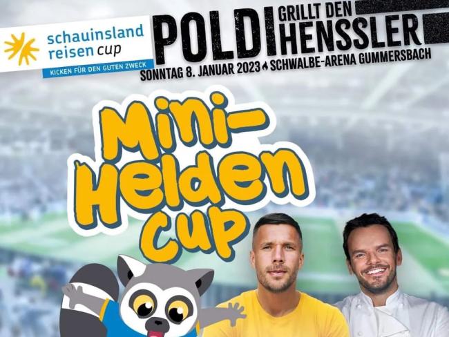 Beim Mini-Helden Cup stehen am Sonntag die Bambini-Mannschafen des ETuS Bissingheim und der JSG Wiehltal gemeinsam mit Weltmeister Lukas Podolski auf dem Feld. Die Nachwuchskicker können Poldi dann zeigen, wie das Runde ins Eckige muss.